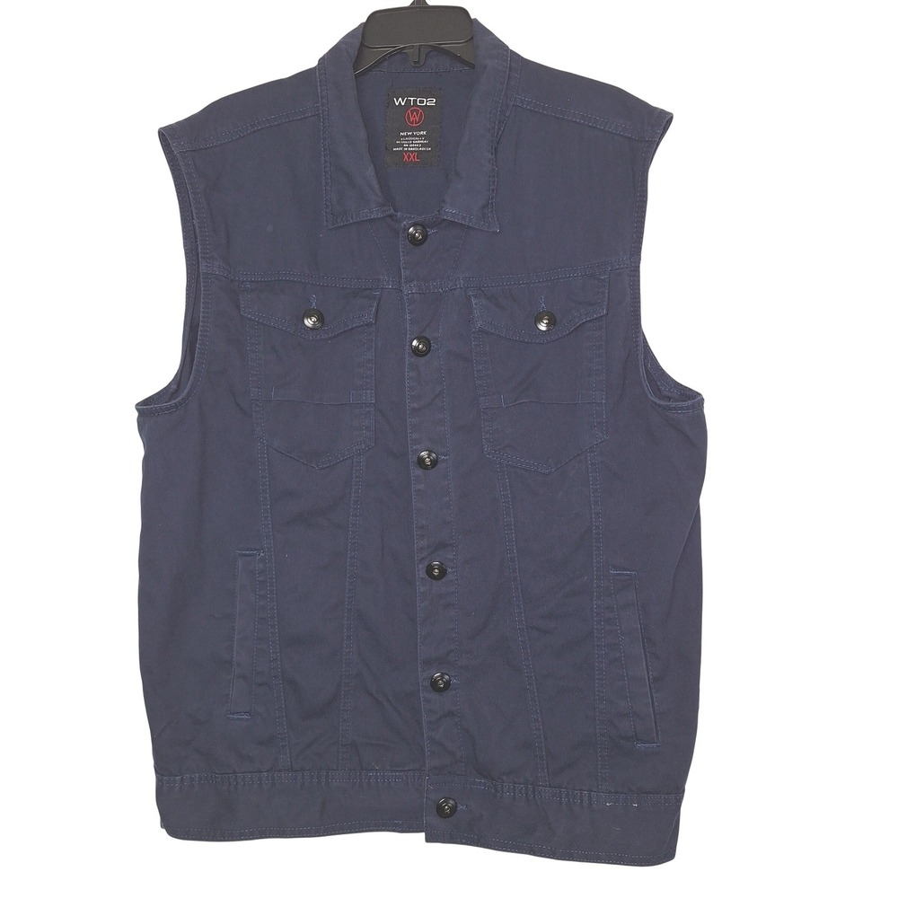 WT02 Mens Navy Blue Cotton Twill Trucker Vest XXL Sleeveless Button Up Jacket